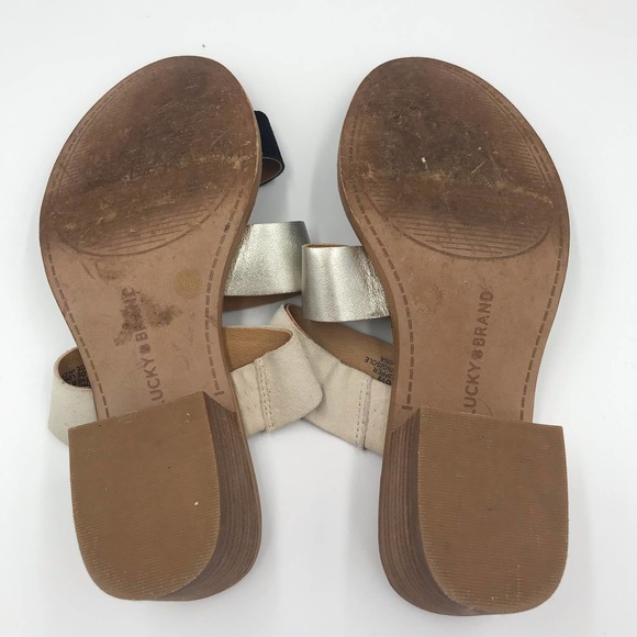 Lucky Brand Sandals Womens 6M Gold Black Releigh 2 Strappy Leather Slide On - Picture 6 of 8